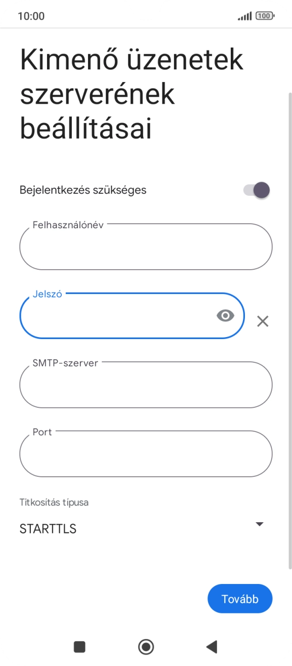 Kattints az „SMTP-szerver” alatti mezőre, és írd be az e-mail szolgáltatód kimenő szerverének a nevét.