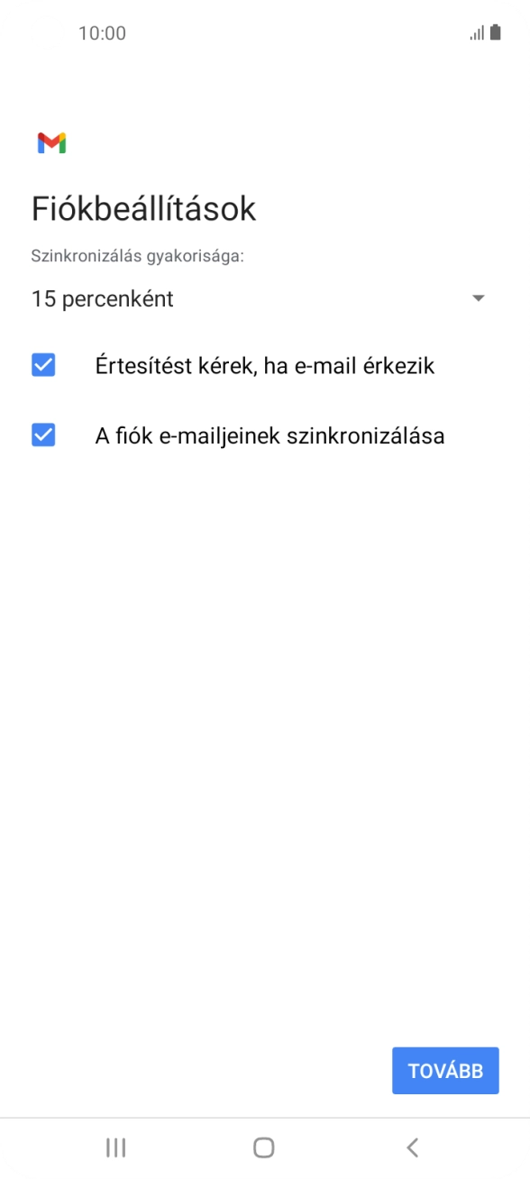 Amennyiben a kijelzőn ez a képernyőkép látható, az e-mail-fiókodat felismerte a rendszer, és automatikusan beállította. Kövesd a képernyőn megjelenő utasításokat  további adatok csatolásához, és fejezd be az új fiók létrehozását.