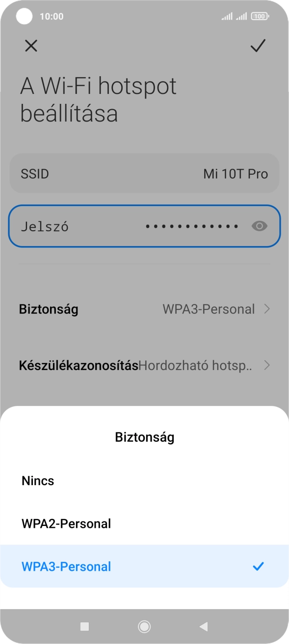 Válaszd a WPA3-Personal lehetőséget, ha jelszóval szeretnéd védeni a Wi-Fi hotspotodat.