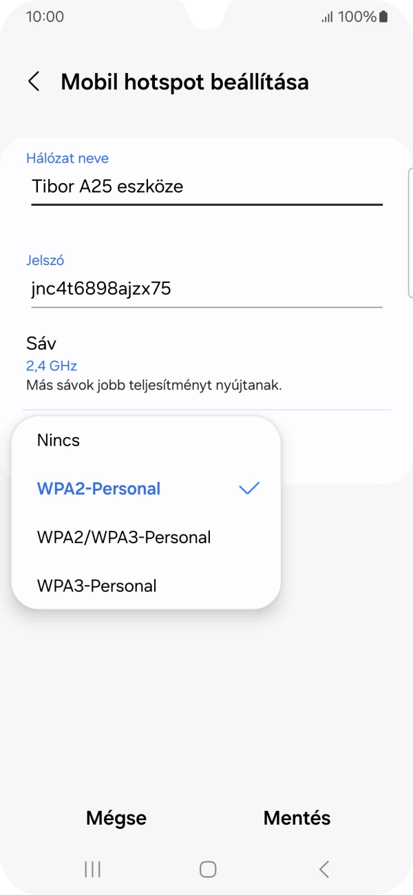 Válaszd a WPA3-Personal lehetőséget, ha jelszóval szeretnéd védeni a Wi-Fi hotspotodat. Válaszd a WPA3-Personal lehetőséget, ha jelszóval szeretnéd védeni a Wi-Fi hotspotodat.
