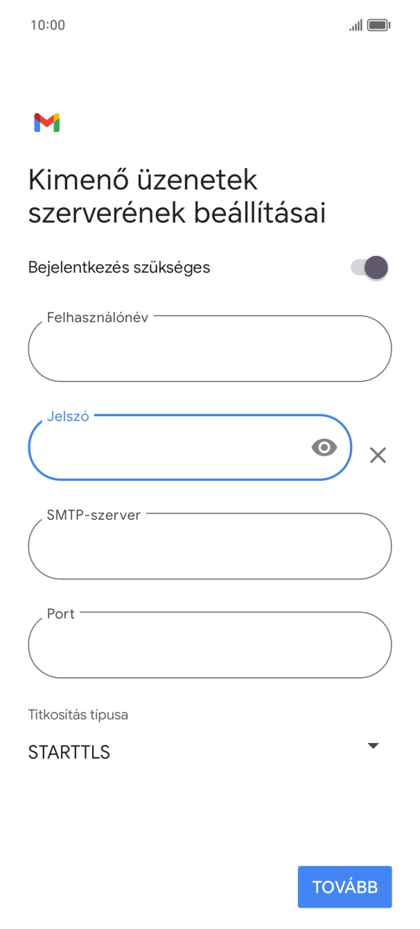 Kattints az „SMTP-szerver” alatti mezőre, és írd be az e-mail szolgáltatód kimenő szerverének a nevét.