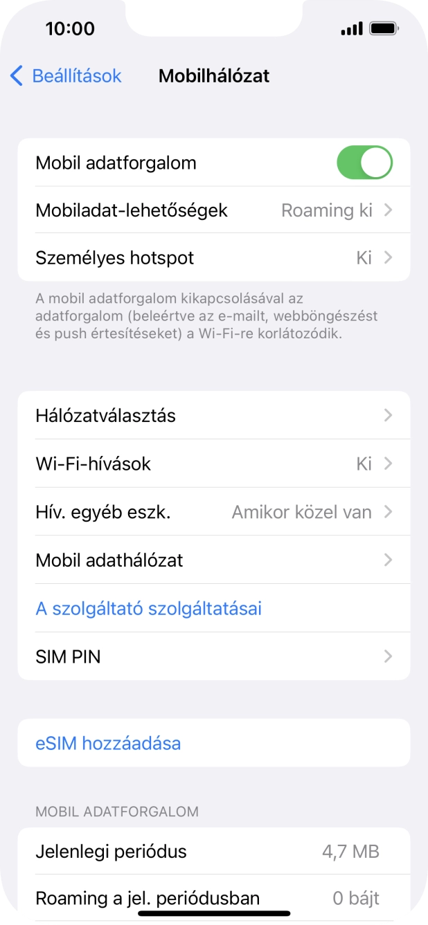 Kattints a „Mobil adatforgalom” melletti csúszkára a funkció be- vagy kikapcsolásához. Kattints a „Mobil adatforgalom” melletti csúszkára a funkció be- vagy kikapcsolásához.