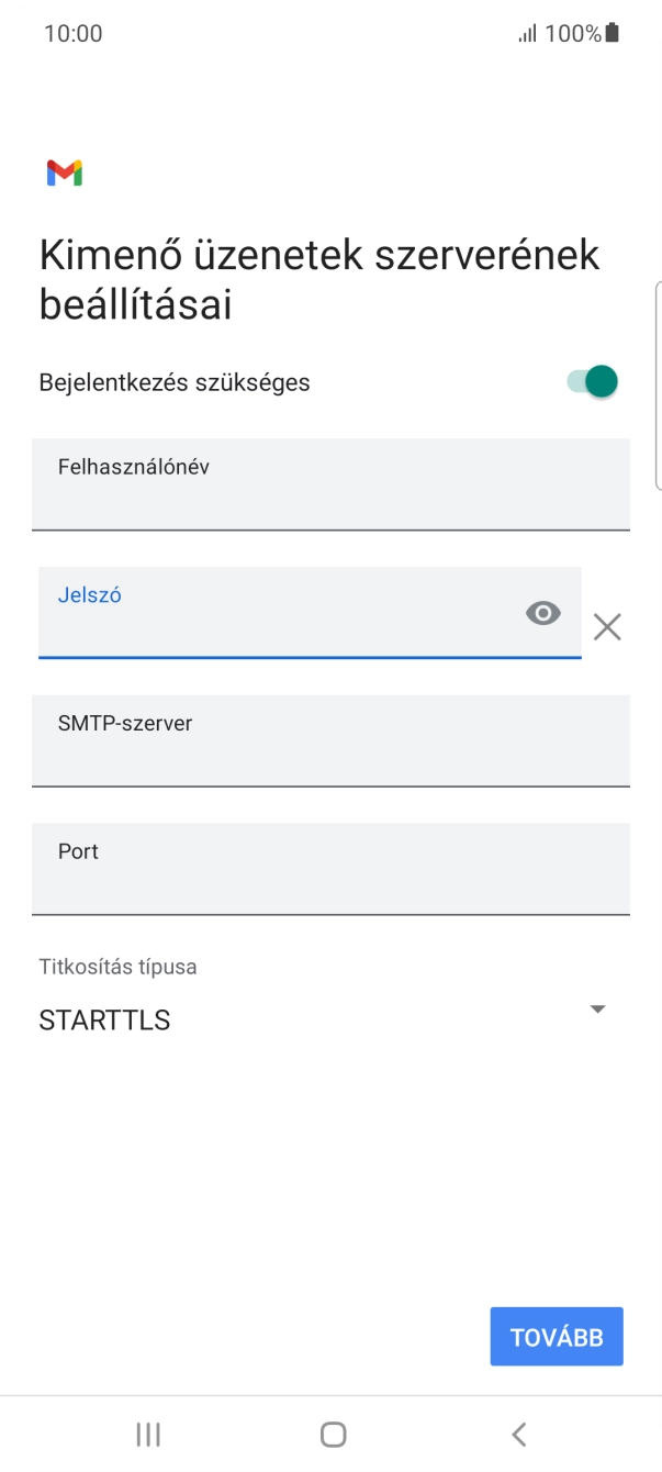 Kattints az „SMTP-szerver” alatti mezőre, és írd be az e-mail szolgáltatód kimenő szerverének a nevét.