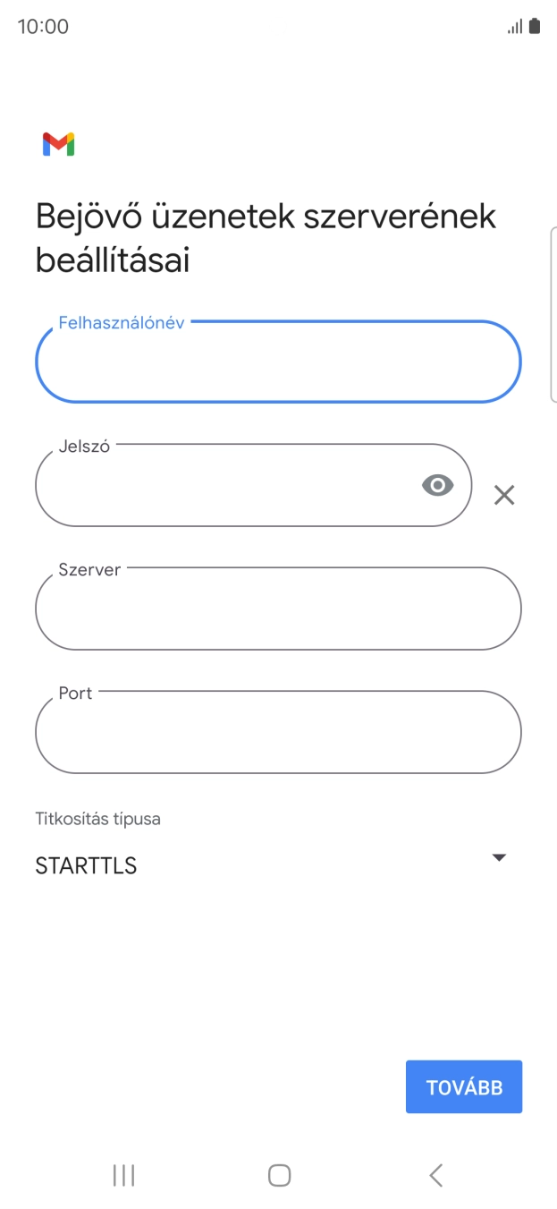 Kattints a „Szerver” alatti mezőre, és írd be az e-mail szolgáltatód bejövő szerverének a nevét.