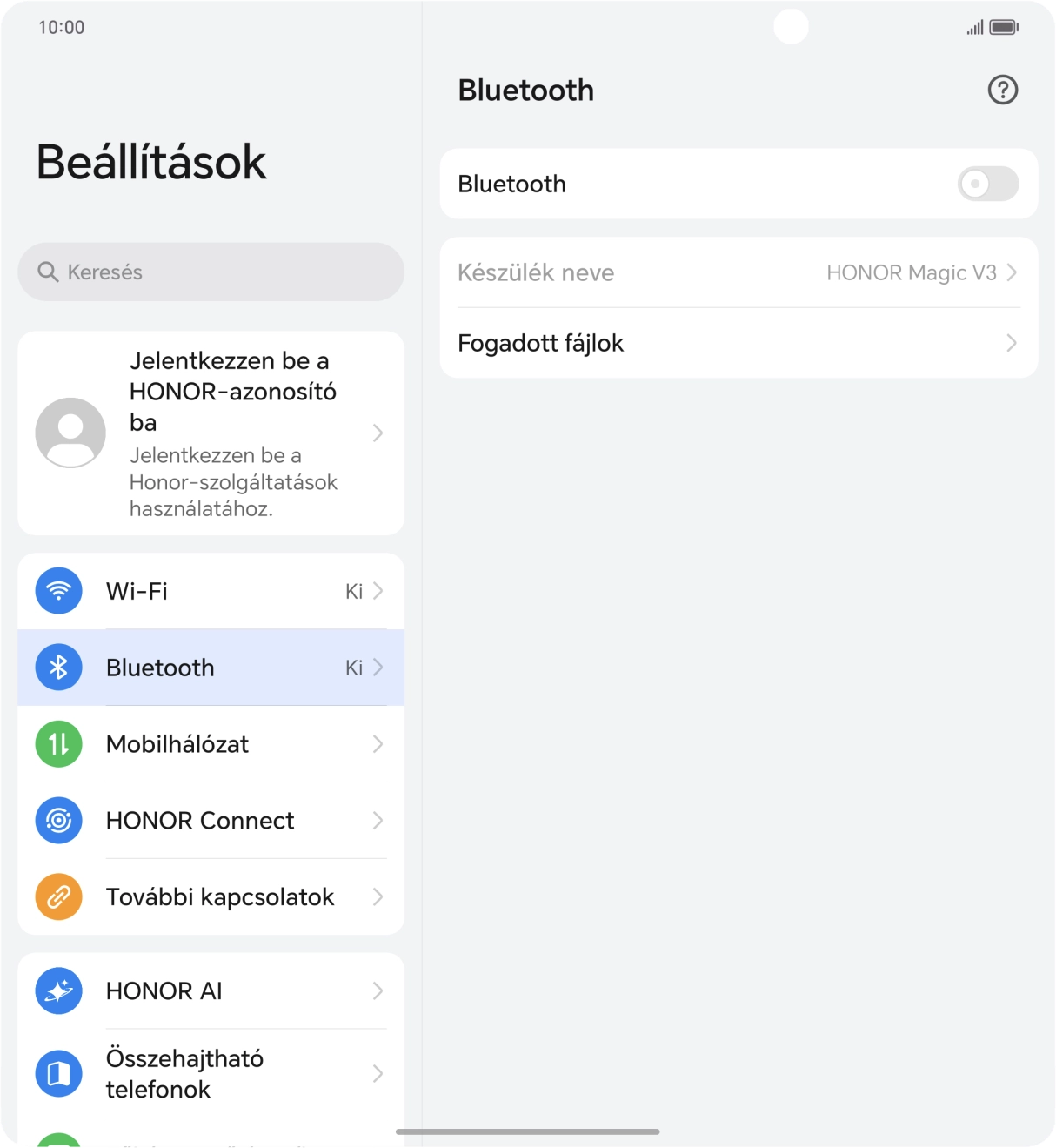 Kattints a „Bluetooth” melletti csúszkára a funkció bekapcsolásához.