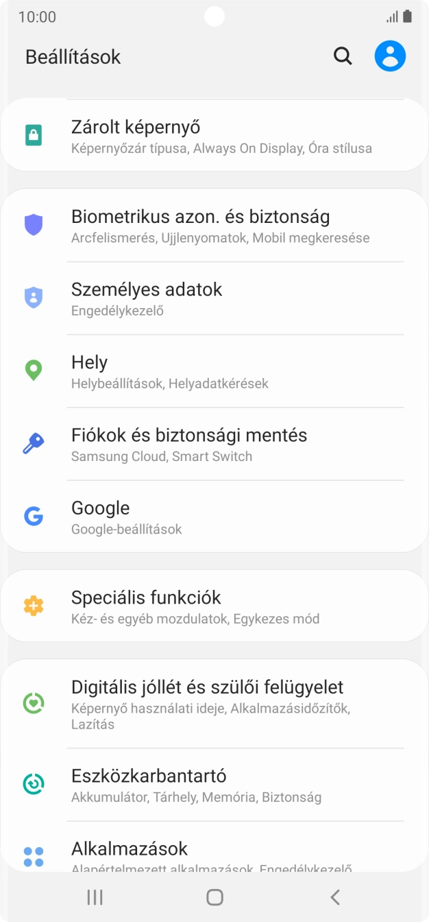 Válaszd a Fiókok és biztonsági mentés lehetőséget.