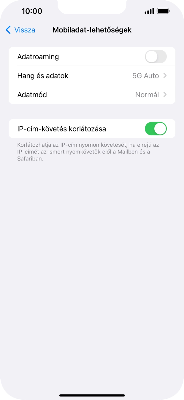 Kattints az „Adatroaming” melletti csúszkára a funkció be- vagy kikapcsolásához. Kattints az „Adatroaming” melletti csúszkára a funkció be- vagy kikapcsolásához.