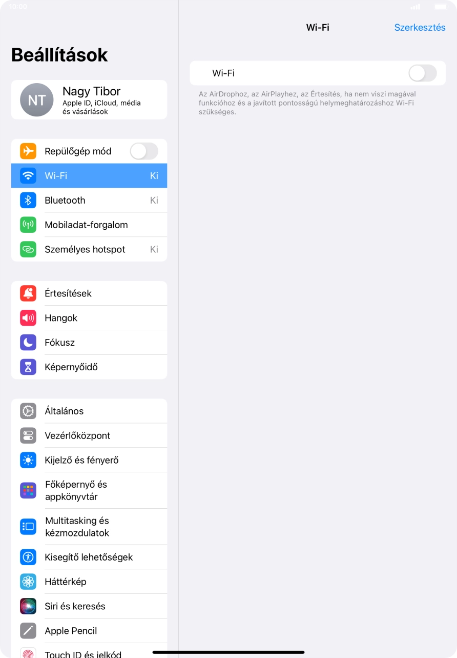 Kattints a „Wi-Fi” melletti csúszkára a funkció bekapcsolásához.