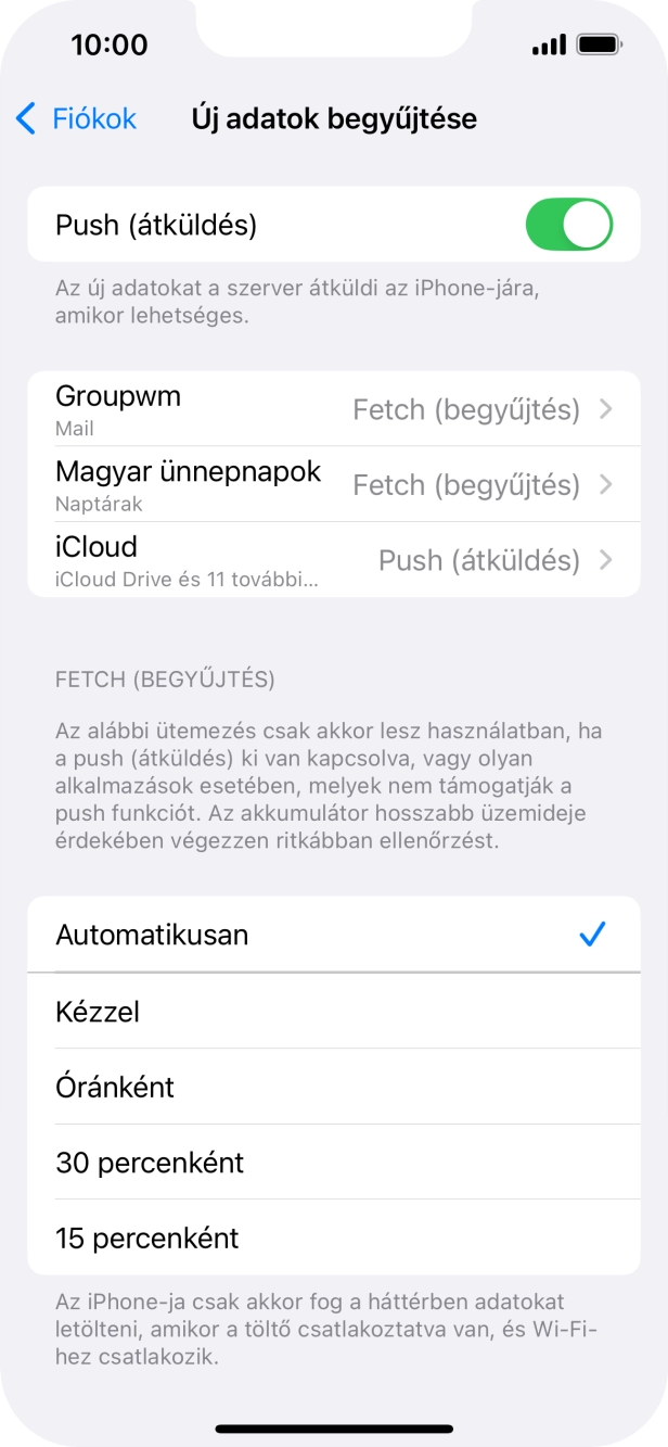 Kattints a „Push (átküldés)” melletti csúszkára a funkció be- vagy kikapcsolásához.