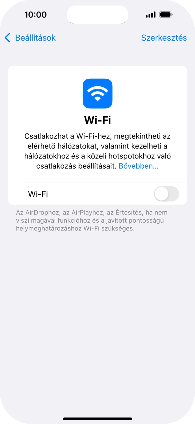 Kattints a „Wi-Fi” melletti csúszkára a funkció bekapcsolásához.