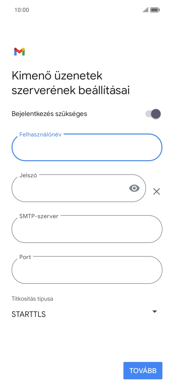 Kattints a „Jelszó” alatti mezőre, és írd be az e-mail szolgáltatód kimenő szerverének jelszavát.
