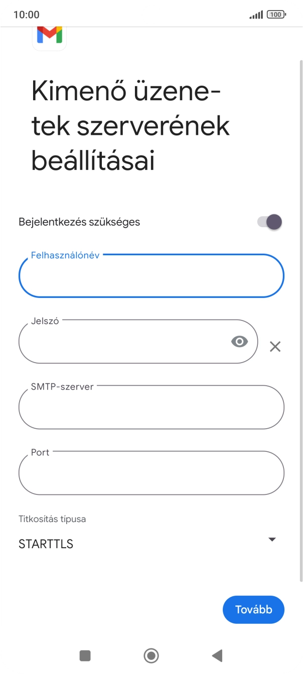 Kattints a „Jelszó” alatti mezőre, és írd be az e-mail szolgáltatód kimenő szerverének jelszavát.