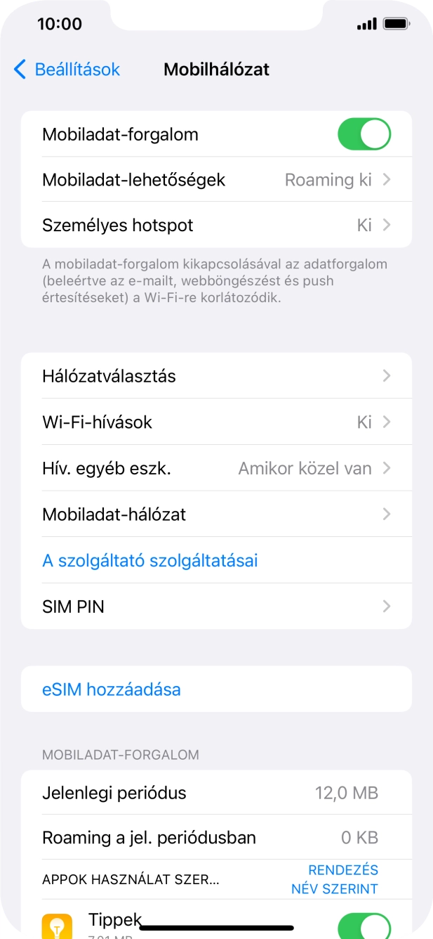 Kattints a „Mobiladat-hálózat” melletti csúszkára a funkció be- vagy kikapcsolásához. Kattints a „Mobiladat-hálózat” melletti csúszkára a funkció be- vagy kikapcsolásához.