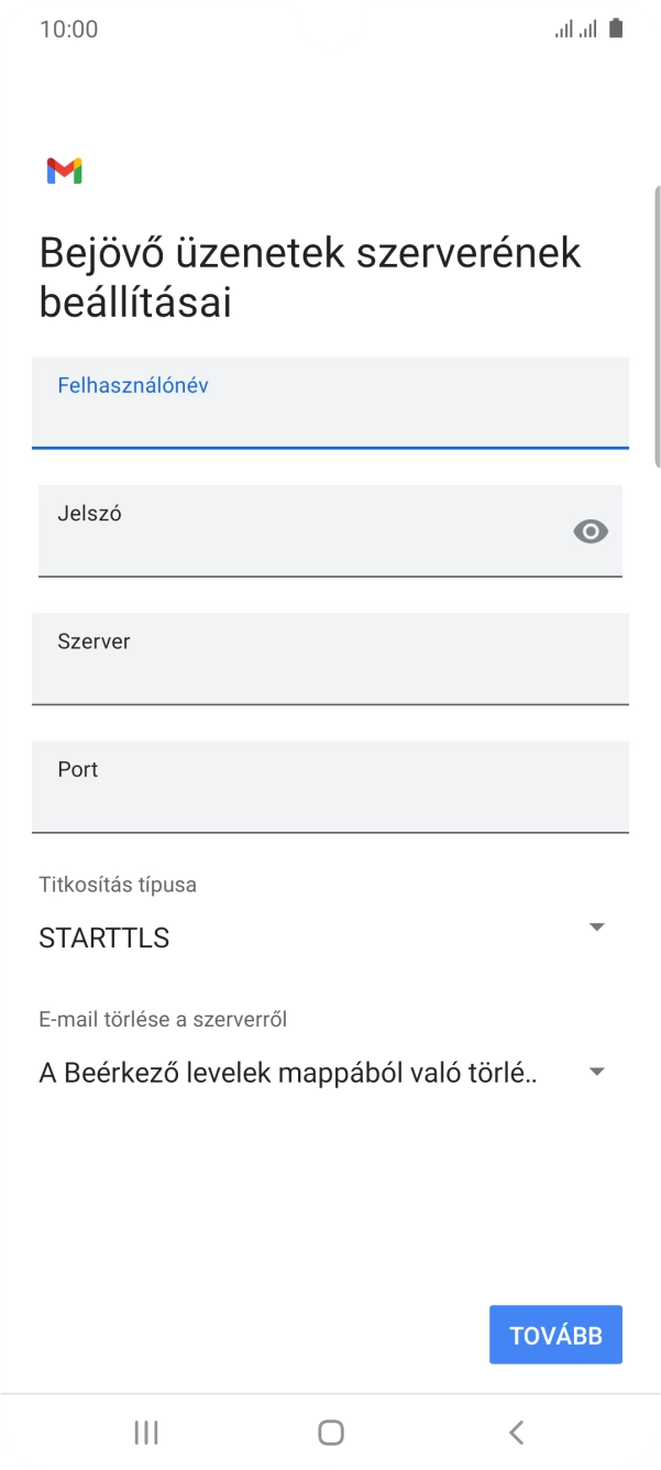 Kattints a „Szerver” alatti mezőre, és írd be az e-mail szolgáltatód bejövő szerverének a nevét.