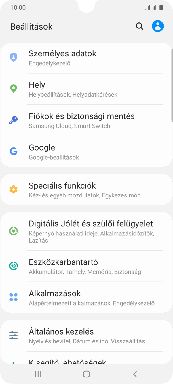 Válaszd a Fiókok és biztonsági mentés lehetőséget.