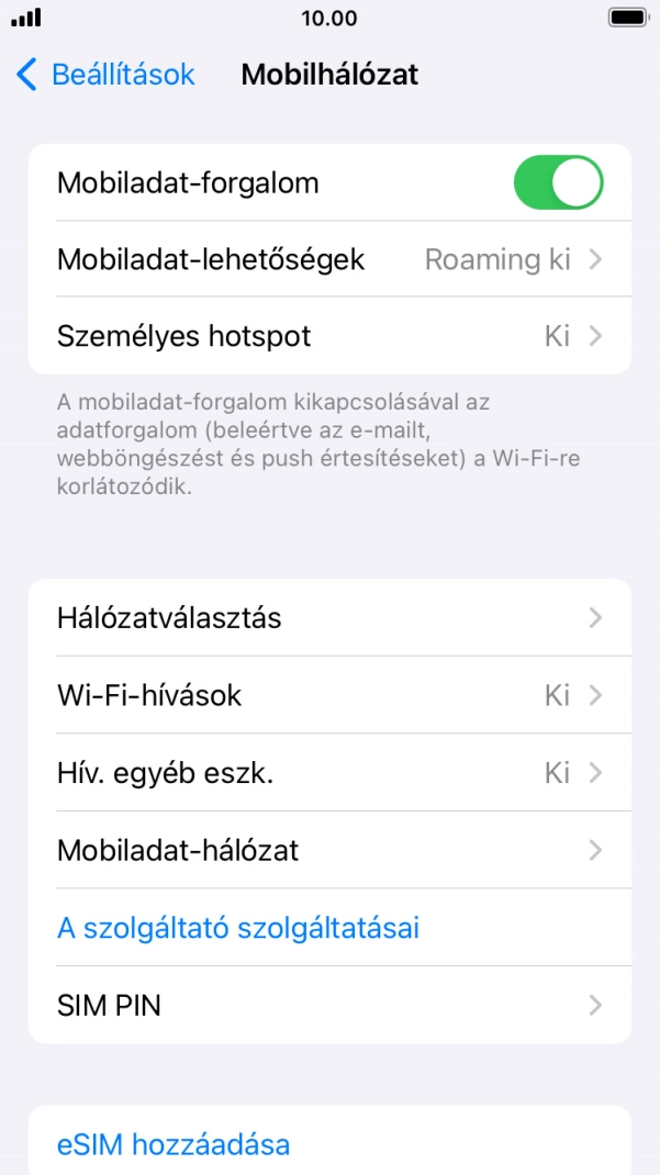 Válaszd a Mobiladat-hálózat lehetőséget.