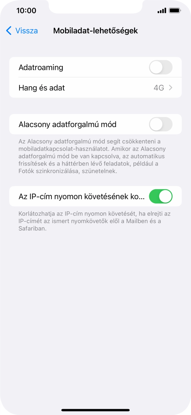 Kattints az „Adatroaming” melletti csúszkára a funkció be- vagy kikapcsolásához. Kattints az „Adatroaming” melletti csúszkára a funkció be- vagy kikapcsolásához.