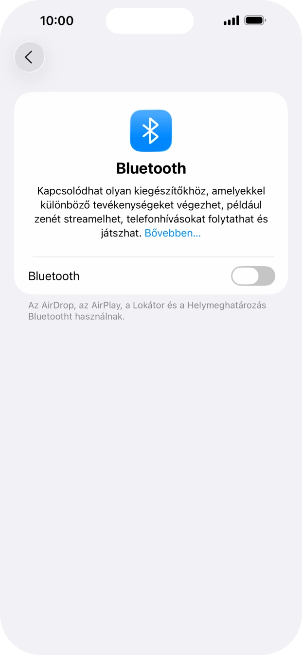 Kattints a „Bluetooth” melletti csúszkára a funkció bekapcsolásához. Kattints a „Bluetooth” melletti csúszkára a funkció bekapcsolásához.