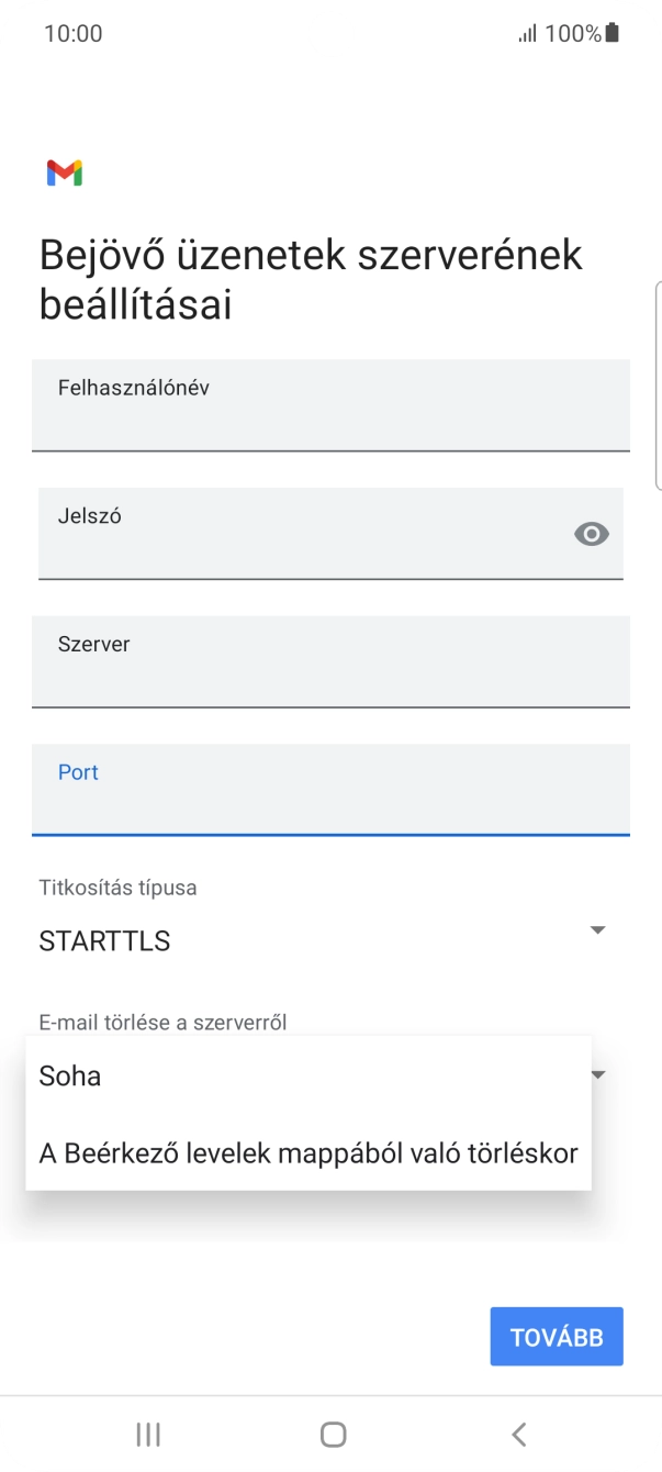 Válaszd a Soha lehetőséget ahhoz, hogy az e-mailek megtalálhatóak legyenek a szerveren, miután a telefonról törölted őket.