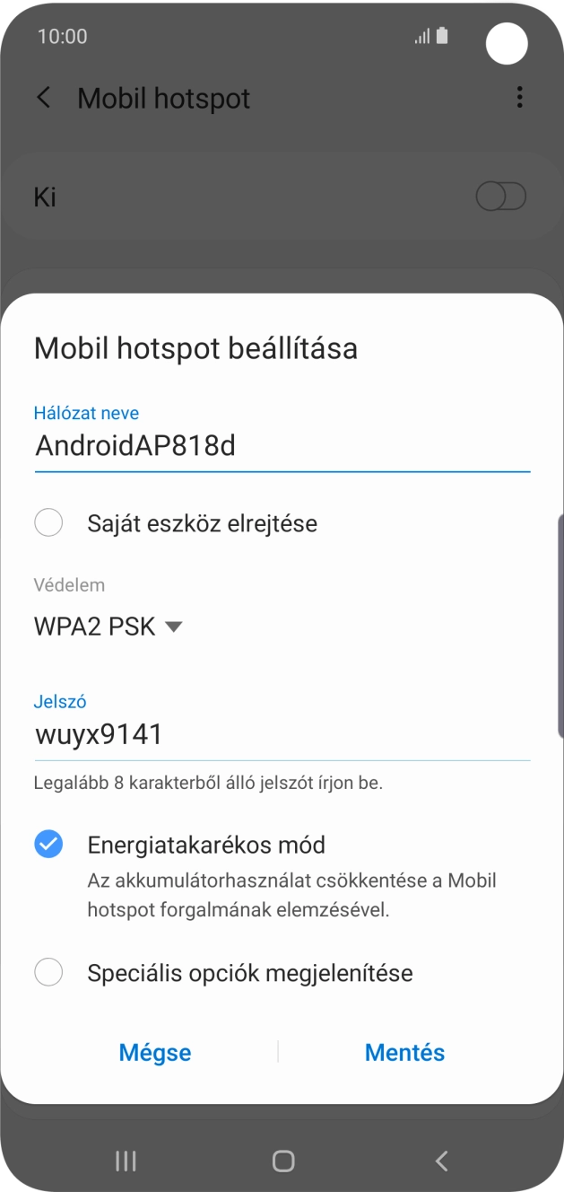 Kattints a „Hálózat neve” alatti mezőre, és írd be a Wi-Fi hotspot kívánt nevét. Kattints a „Hálózat neve” alatti mezőre, és írd be a Wi-Fi hotspot kívánt nevét.