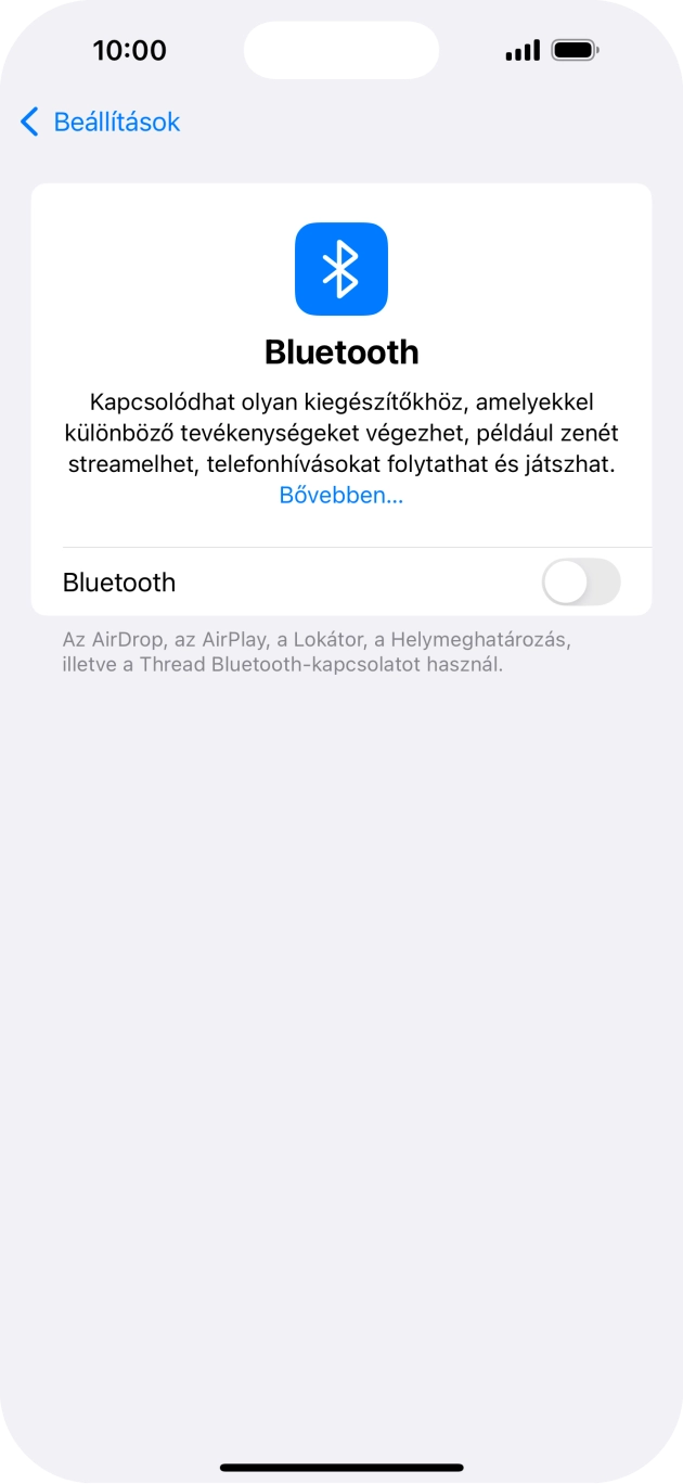 Kattints a „Bluetooth” melletti csúszkára a funkció bekapcsolásához. Kattints a „Bluetooth” melletti csúszkára a funkció bekapcsolásához.