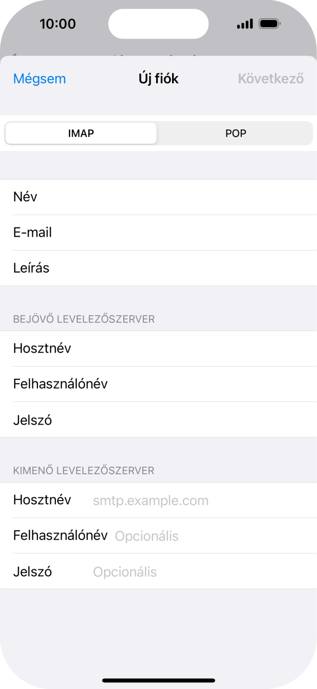Kattints a Hosztnév mezőre, és írd be az e-mail szolgáltatód kimenő szerverének a nevét.