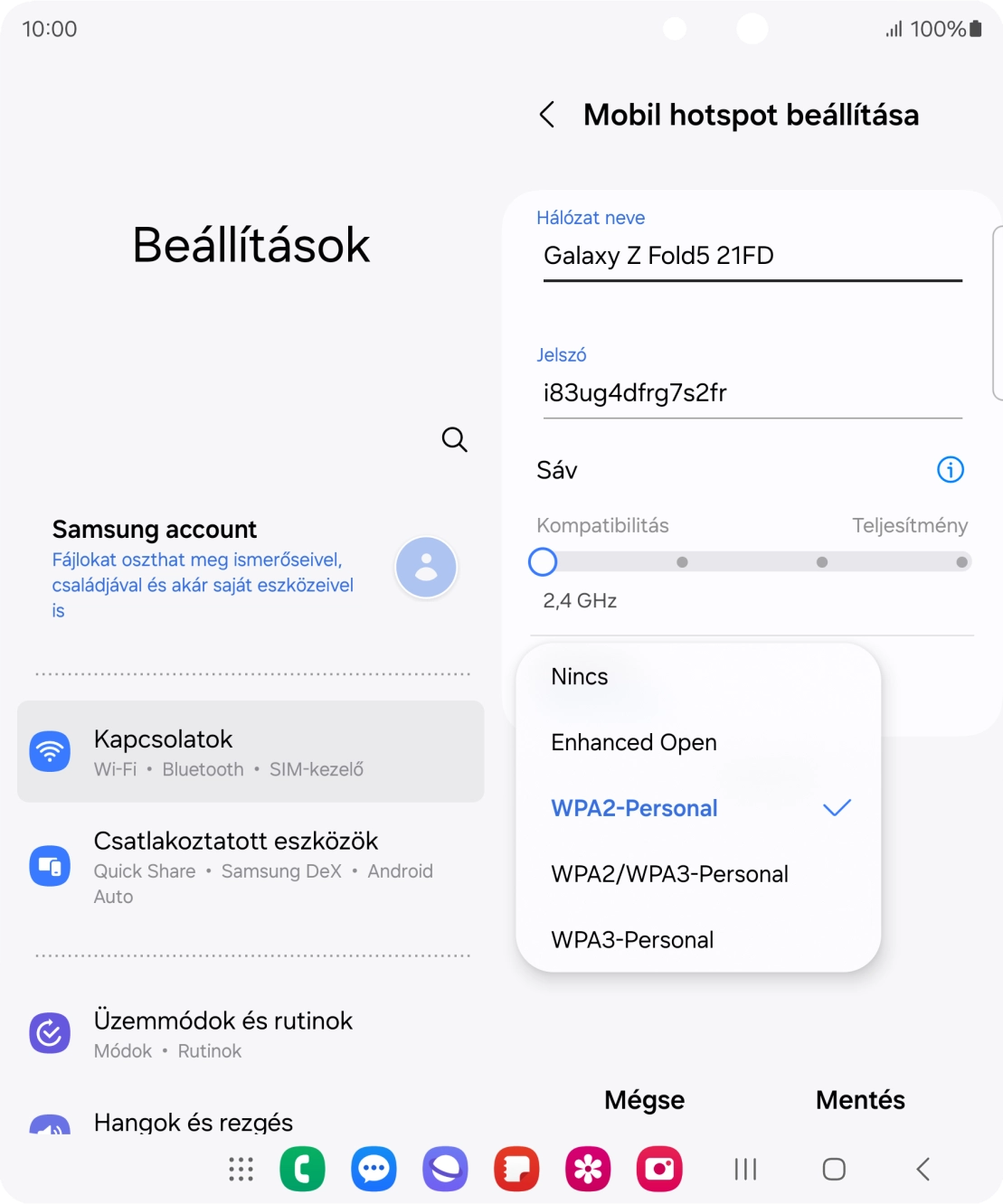 Válaszd a WPA3-Personal lehetőséget, ha jelszóval szeretnéd védeni a Wi-Fi hotspotodat.