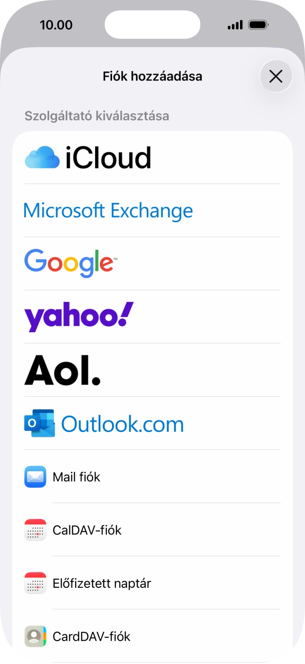 Válaszd a Mail fiók lehetőséget.