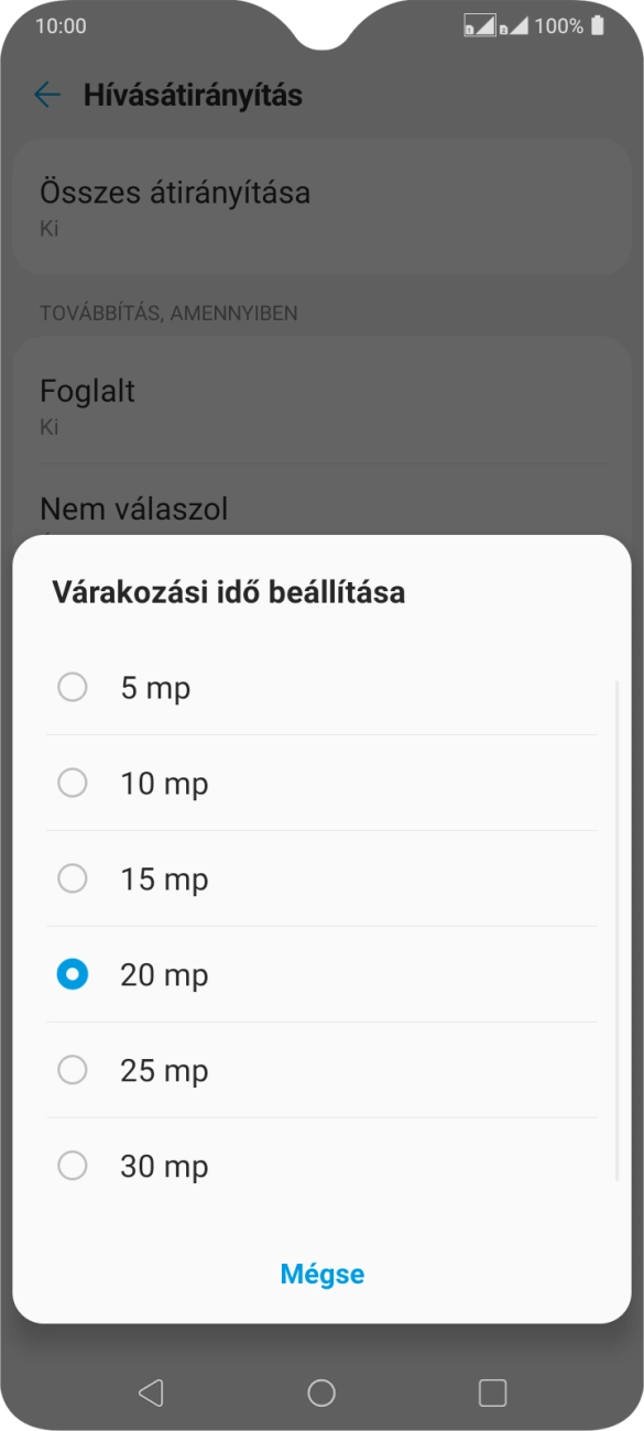 Ahhoz, hogy átirányítsd a nem fogadott hívásokat, be kell állítanod az átirányítás késleltetésének idejét. Kattints a kívánt késleltetési időtartamra.