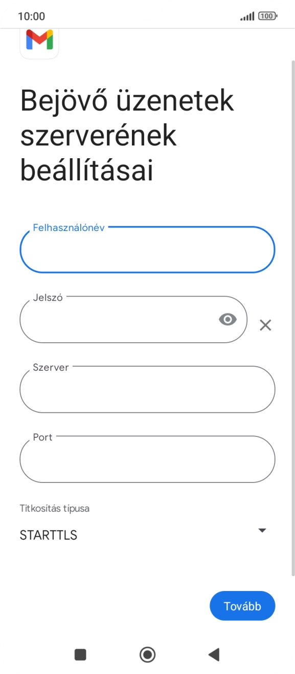 Kattints a „Szerver” alatti mezőre, és írd be az e-mail szolgáltatód bejövő szerverének a nevét.
