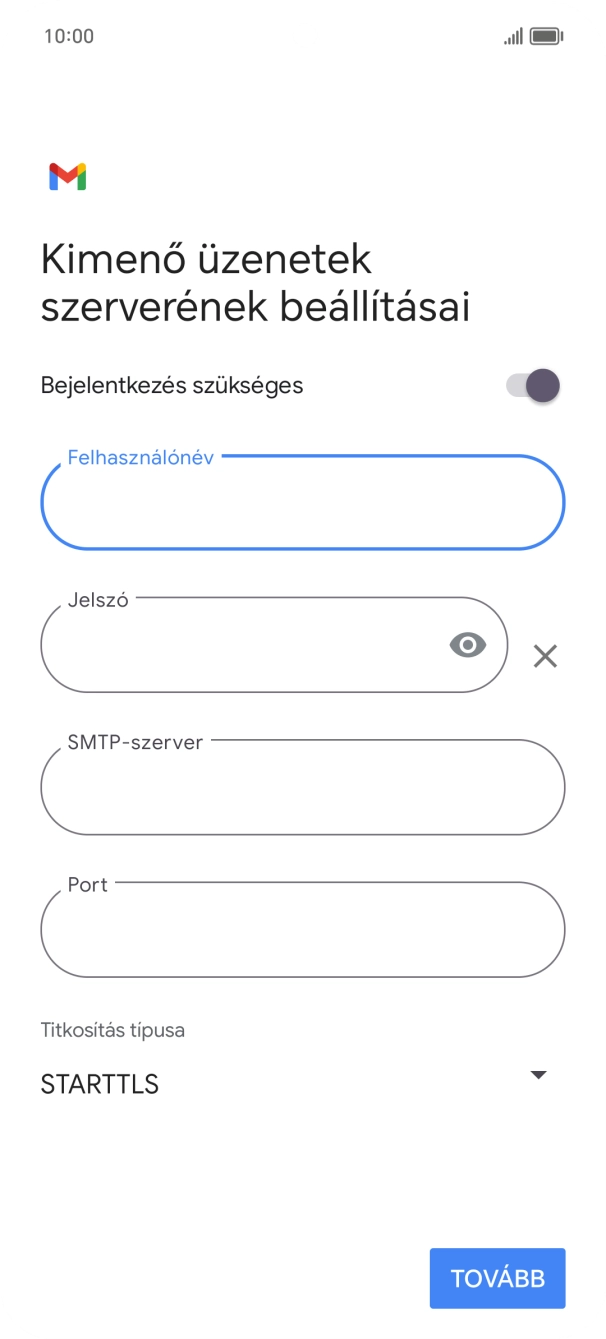 Kattints a „Jelszó” alatti mezőre, és írd be az e-mail szolgáltatód kimenő szerverének jelszavát.
