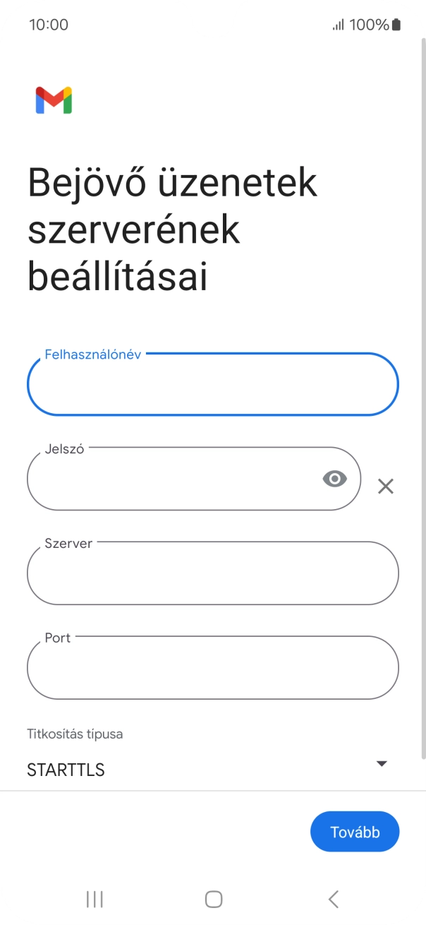 Kattints a „Szerver” alatti mezőre, és írd be az e-mail szolgáltatód bejövő szerverének a nevét.