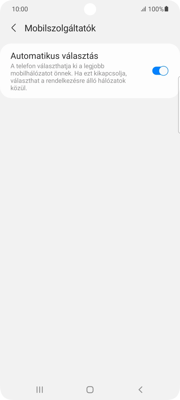 Kattints az „Automatikus választás” melletti csúszkára a funkció kikapcsolásához, és várj, amíg a telefon keresi az elérhető hálózatot. Kattints az „Automatikus választás” melletti csúszkára a funkció kikapcsolásához, és várj, amíg a telefon keresi az elérhető hálózatot.