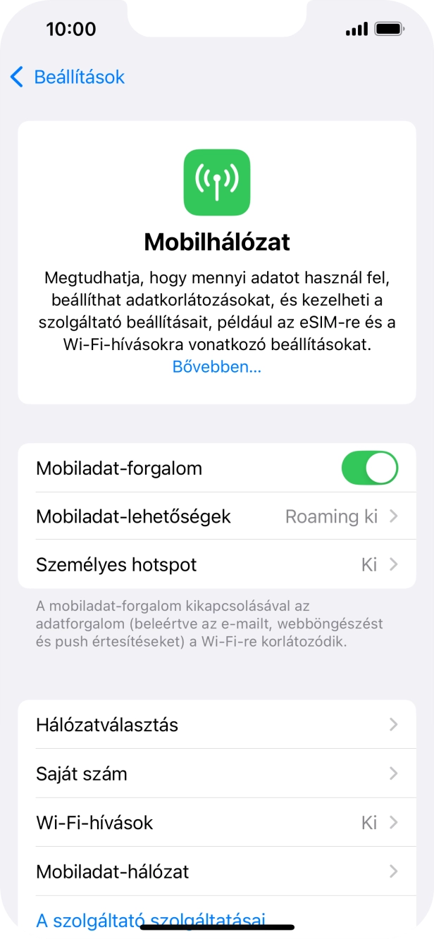 Kattints a „Mobiladat-forgalom” melletti csúszkára a funkció be- vagy kikapcsolásához.