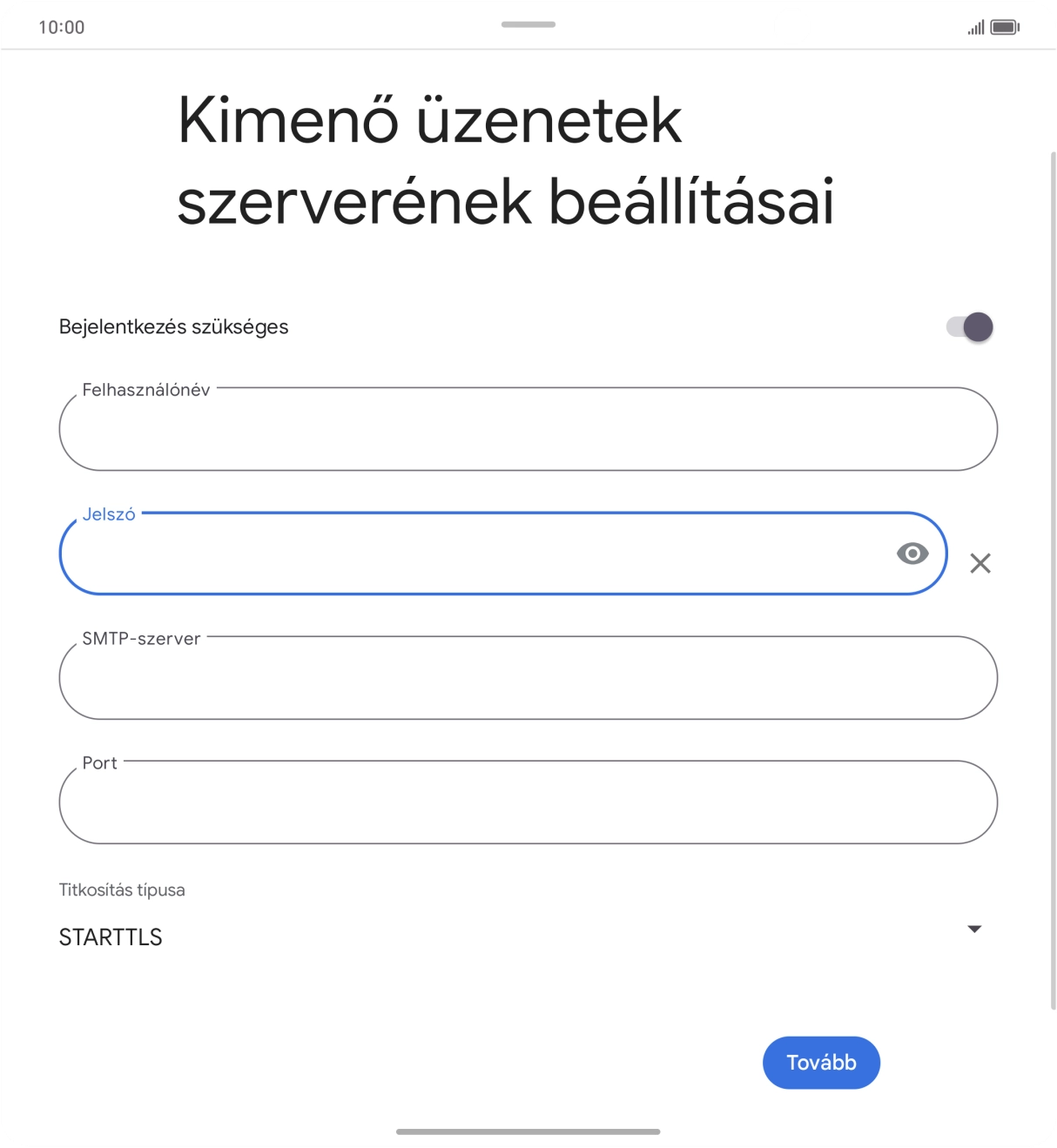 Kattints az „SMTP-szerver” alatti mezőre, és írd be az e-mail szolgáltatód kimenő szerverének a nevét.