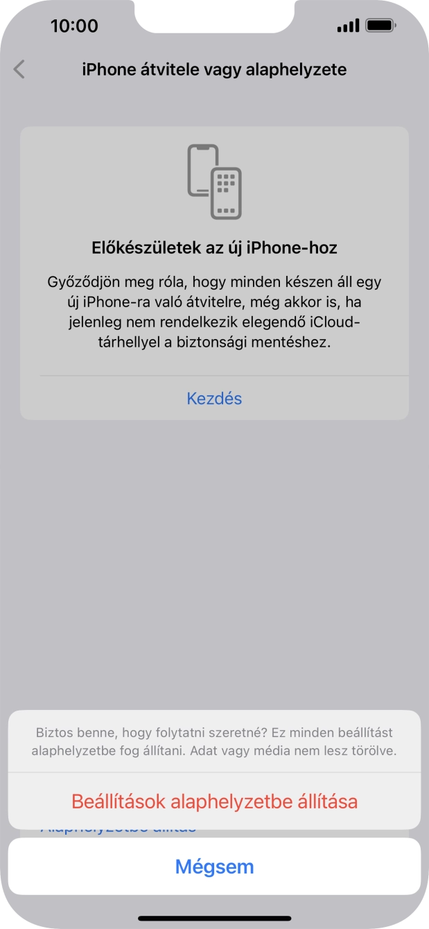 Válaszd a Beállítások alaphelyzetbe állítása lehetőséget. Várj egy kicsit, amíg a telefon visszaállítja a gyári beállításokat. A telefon konfigurálásához és ahhoz, hogy üzemkész állapotba hozd, kövesd a képernyőn megjelenő utasításokat.