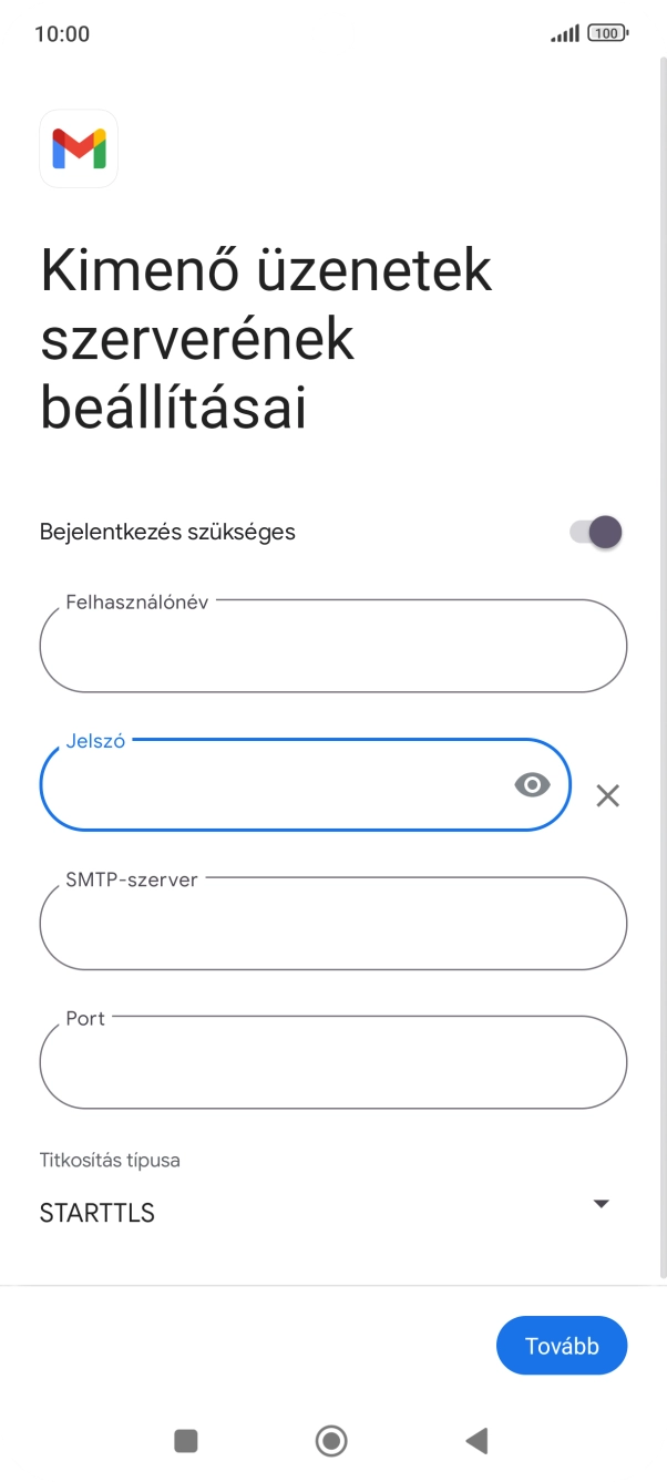 Kattints az „SMTP-szerver” alatti mezőre, és írd be az e-mail szolgáltatód kimenő szerverének a nevét.