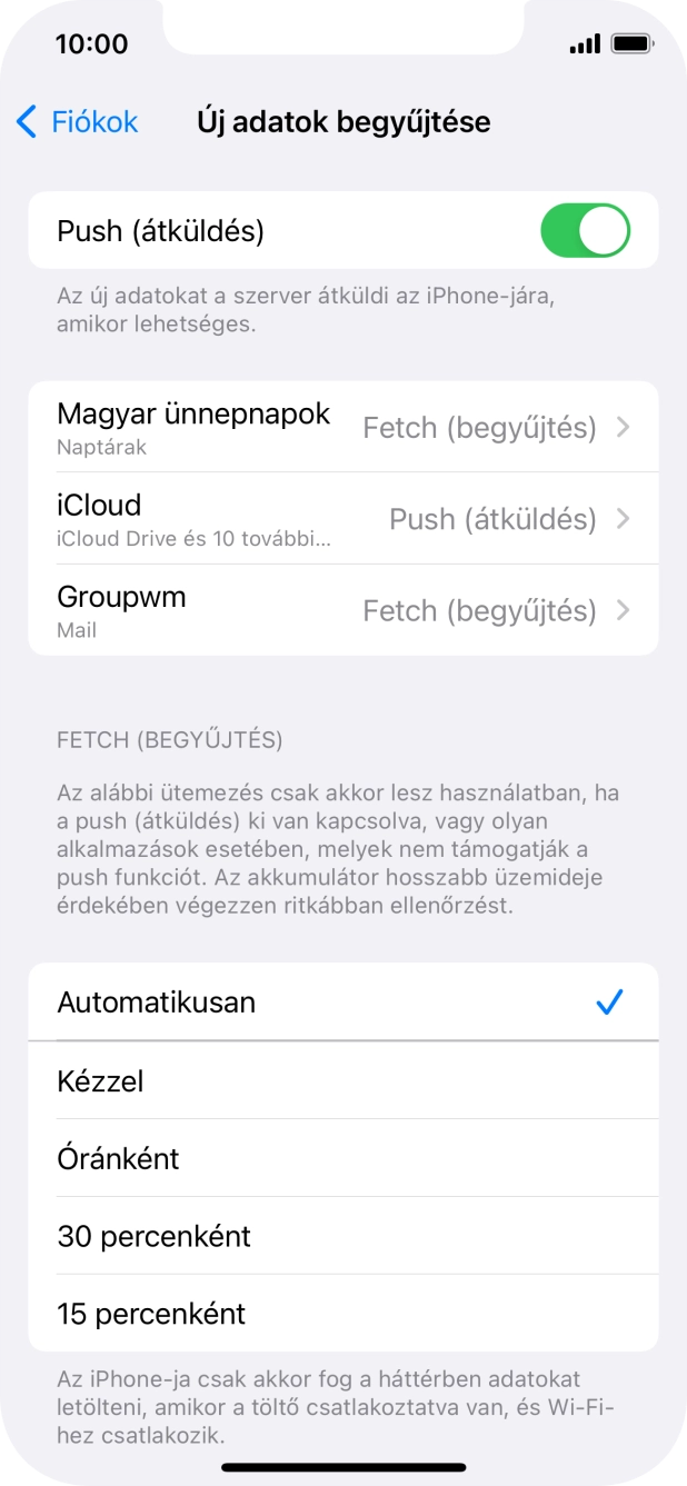 Kattints a „Push (átküldés)” melletti csúszkára a funkció be- vagy kikapcsolásához.