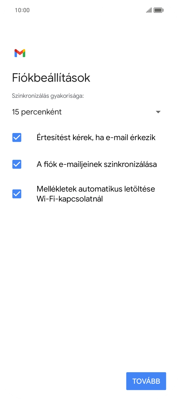 Amennyiben a kijelzőn ez a képernyőkép látható, az e-mail-fiókodat felismerte a rendszer, és automatikusan beállította. Kövesd a képernyőn megjelenő utasításokat  további adatok csatolásához, és fejezd be az új fiók létrehozását.