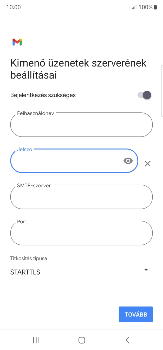 Kattints az „SMTP-szerver” alatti mezőre, és írd be az e-mail szolgáltatód kimenő szerverének a nevét.