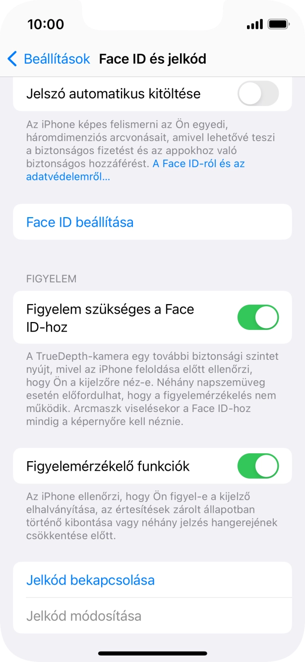 Válaszd a Jelkód bekapcsolása lehetőséget, és írj be kétszer egymás után egy tetszőleges képernyőzárkódot. Válaszd a Jelkód bekapcsolása lehetőséget, és írj be kétszer egymás után egy tetszőleges képernyőzárkódot.