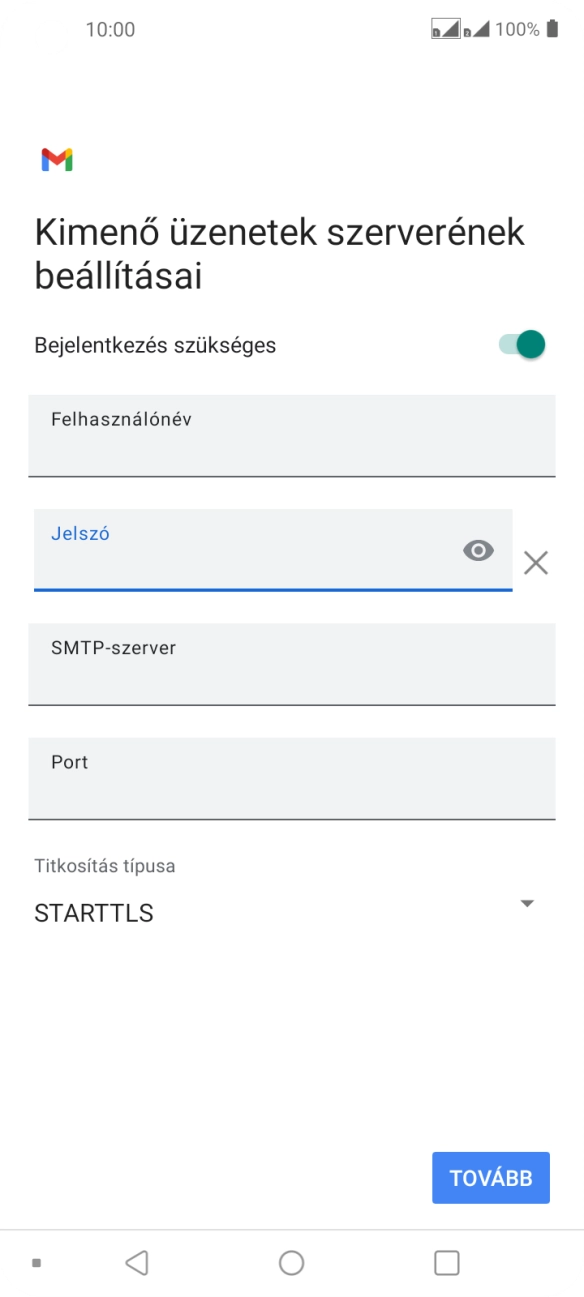 Kattints az „SMTP-szerver” alatti mezőre, és írd be az e-mail szolgáltatód kimenő szerverének a nevét.