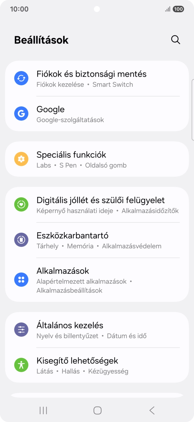 Válaszd a Fiókok és biztonsági mentés lehetőséget.