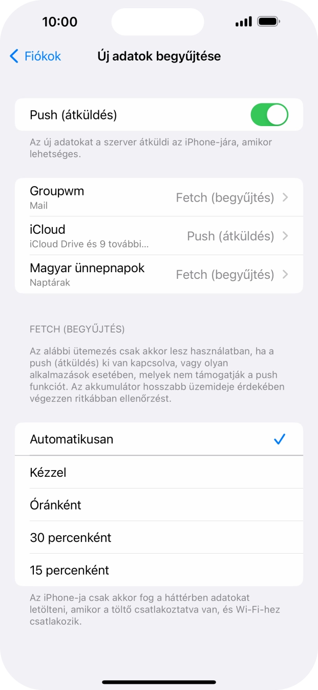 Kattints a „Push (átküldés)” melletti csúszkára a funkció be- vagy kikapcsolásához.