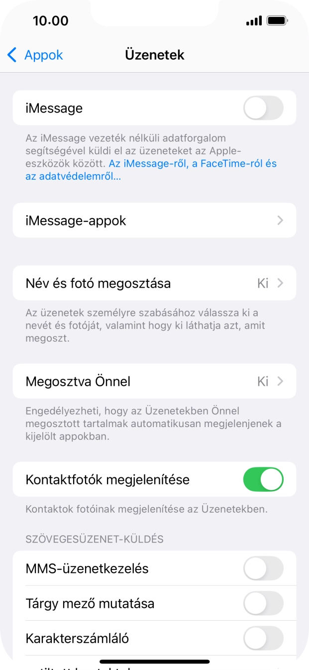 Kattints az „iMessage” melletti csúszkára a funkció bekapcsolásához.
