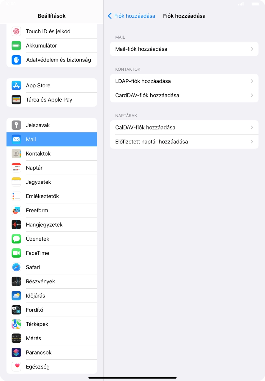 Válaszd a Mail-fiók hozzáadása lehetőséget.