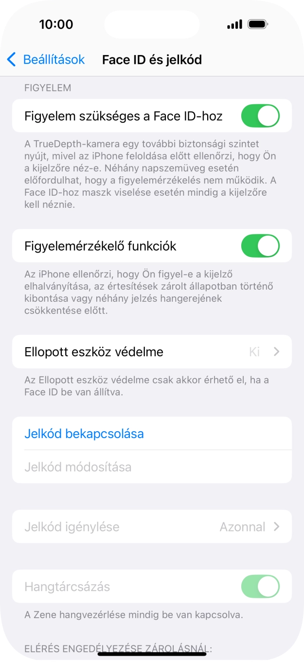 Válaszd a Jelkód bekapcsolása lehetőséget, és írj be kétszer egymás után egy tetszőleges képernyőzárkódot.