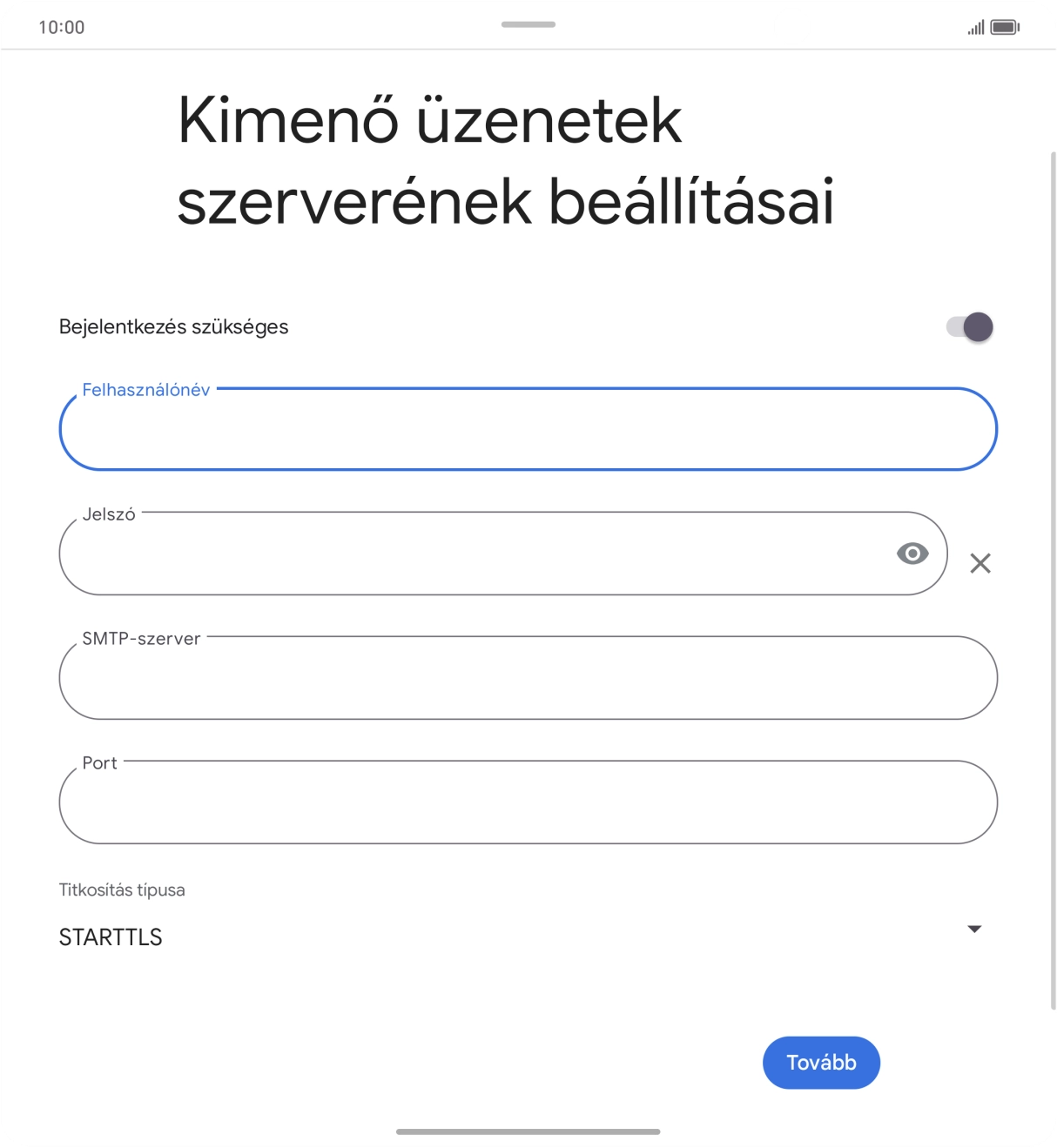 Kattints a „Jelszó” alatti mezőre, és írd be az e-mail szolgáltatód kimenő szerverének jelszavát.