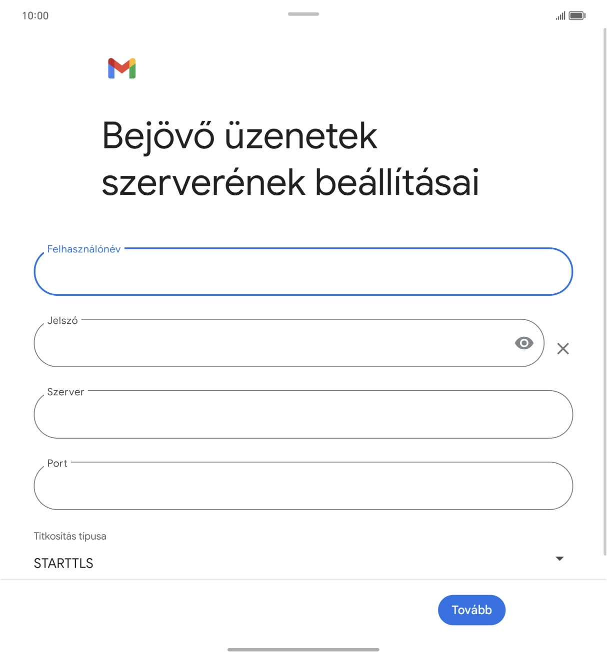 Kattints a „Szerver” alatti mezőre, és írd be az e-mail szolgáltatód bejövő szerverének a nevét.