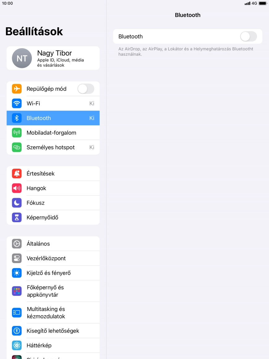 Kattints a „Bluetooth” melletti csúszkára a funkció bekapcsolásához.